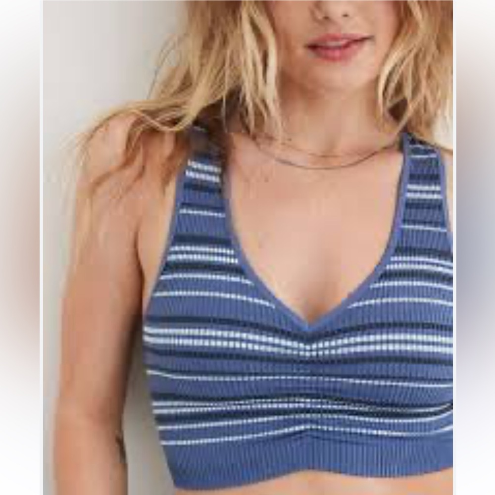 Aerie FP Movement Vuori Alo Ribbed Blue Striped Knit Crop Top Real Good Small S